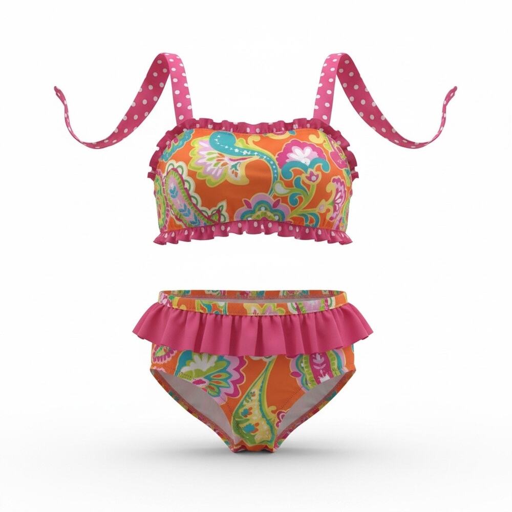 Kelly’s Kids Girls 2-Piece Bikini Swimsuit Pink Polka Dot Paisley Size 5-6